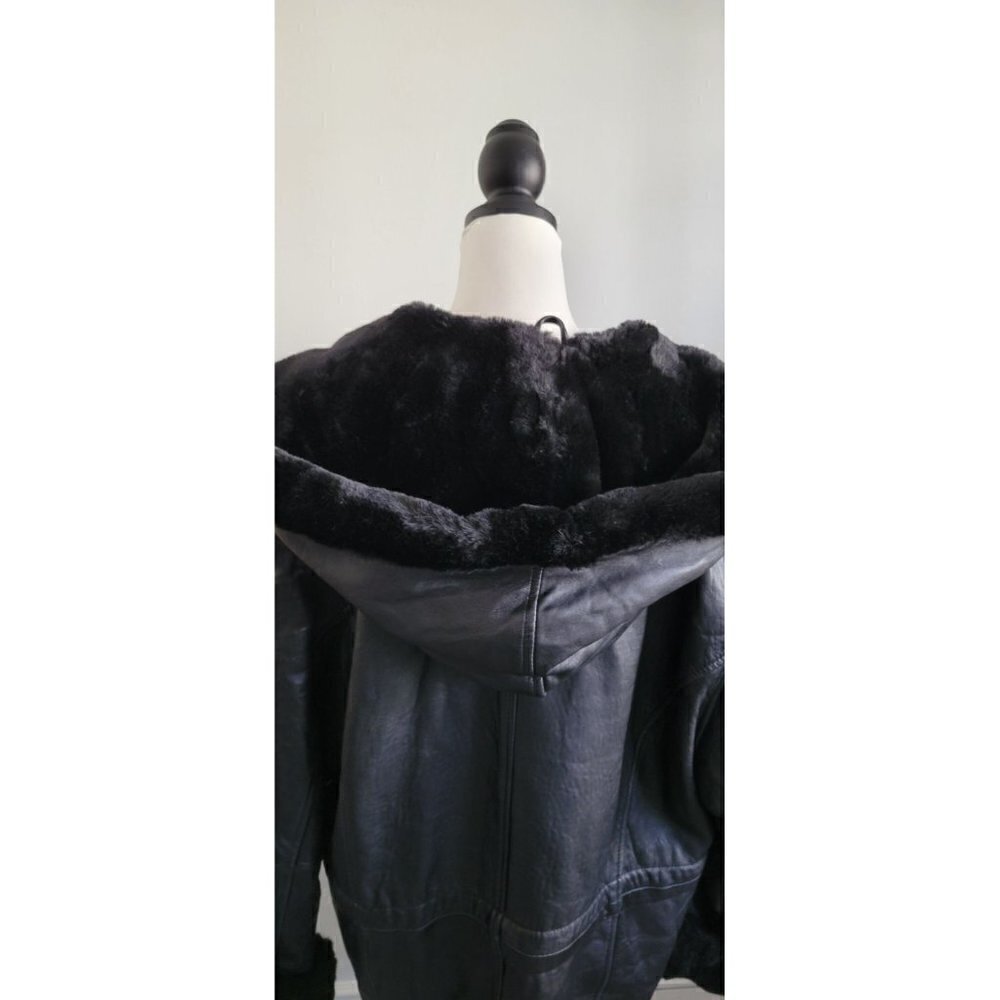 Rare Vintage Genuine Leather Fur Black Belted Hood Coat Jacket Women Size L - Picture 5 of 14